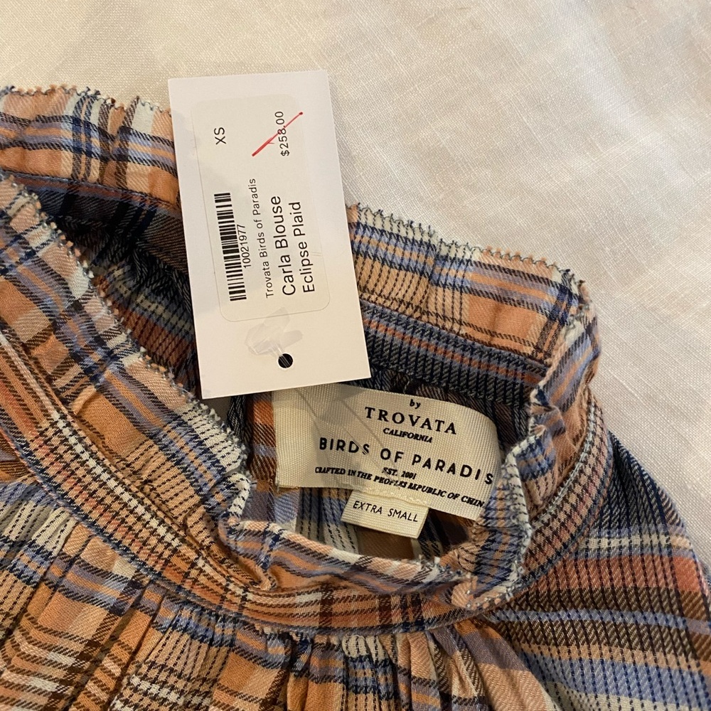 Trovata Birds of Paradise Carla Cotton Blouse, size XS, eclipse plaid